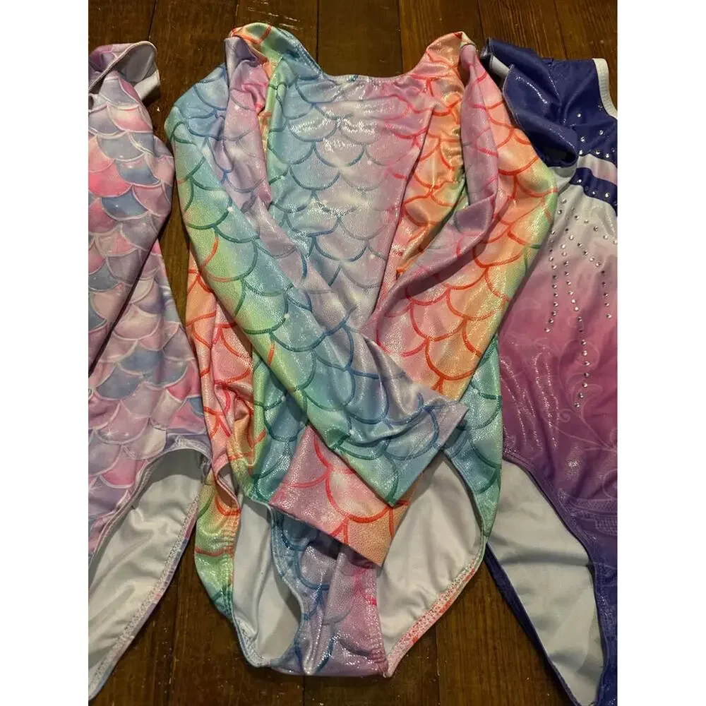 Girls Gymnastics Leotards Lot - Sizes 6 & 8 with Shorts (Mermaid & Ombre Styles)
